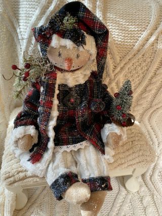 Primitive Snowman Doll Vintage Chenille Tree Plaid Wool Winter Christmas