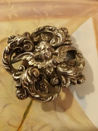 Antique Victorian Sterling Silver Angel Buckle With Cherub Angels And Flowers