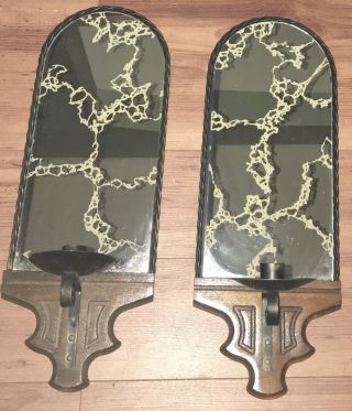 2 Vintage Wall Candle Sconce Gold Vein Mirror Wood & Wrought Iron Metal Sconce