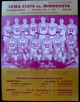1957 Minnesota Gophers V.  Iowa State Basketball Game Program @ Williams Arena