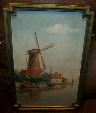 C1920 Art Deco Antique Dutch Windmill Oil Painting On Board Fishing Boats Dock