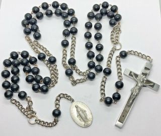 † Nun Antique Black Wooden Beads,  Habit Rosary W Miraculous Medal †