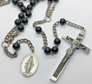 † NUN Antique BLACK WOODEN Beads,  HABIT Rosary w MIRACULOUS Medal † 2