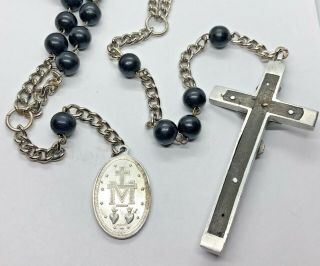 † NUN Antique BLACK WOODEN Beads,  HABIT Rosary w MIRACULOUS Medal † 3