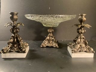 Vintage Cast - Metal/marble/crystal Pedestal - Compote And Candleholders Set