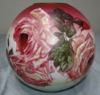 Antique Hand Painted Rose Floral Gwtw Ball Lamp Shade Kerosene Oil Parlor