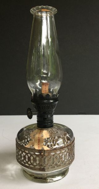 Vintage Miniature Oil Lamp Clear Pressed Glass With Ornate Metal Band