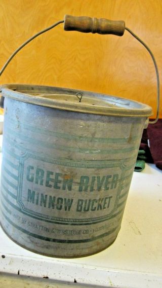 Vintage Green River Minnow Bucket,  Bait Bucket W/lid,  Insert & Wood Handle