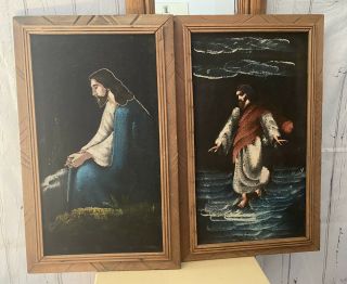Set Of 2 Vintage Jesus Christ Black Velvet Oil Paintings Wood Framed,  Mexico 22”