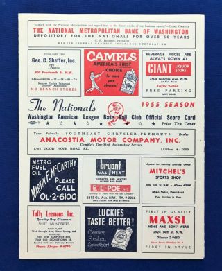 1955 Washington Senators Vs Detroit Tigers Al Kaline Baseball Program Scorecard