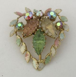 Vintage Pastel Enamel/rhinestone/glass Cabochon Heart Brooch