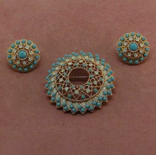 Vintage 1970 Sarah Coventry Brooch Pin Earring Set Aqua Turquoise Stones Signed