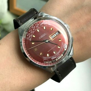 Vintage Raketa Red Perpetual Calendar Russia Big Wristwatch Serviced Men 