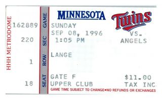 1996 Minnesota Twins Anaheim Angels 9/8 Metrodome Ticket Stub,  Jim Abbot Win