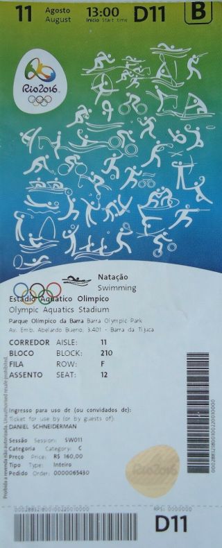 Ticket A 11.  8.  2016 Olympic Games Rio Swimming D11