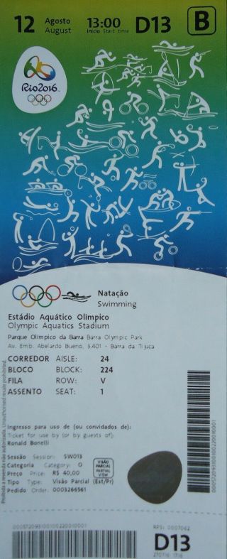 Ticket A 12.  8.  2016 Olympic Rio Swimming D13
