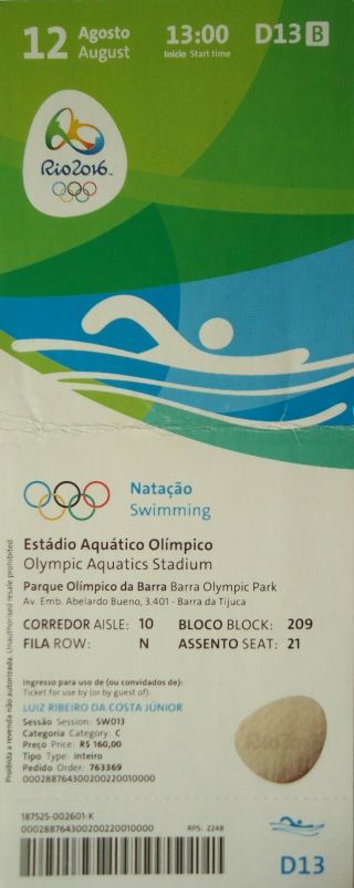 Ticket 12.  8.  2016 Olympic Rio Swimming D13