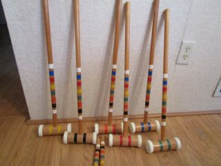 Set Of 6 Vintage Wood Croquet Mallets & 2 Wood Stakes