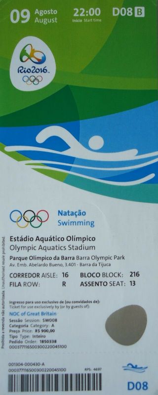 Ticket 9.  8.  2016 Rio Olympic Games Schwimmen D08
