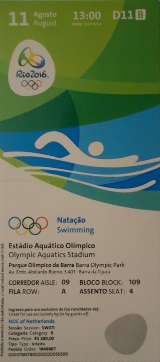 Ticket 11.  8.  2016 Olympic Games Rio Swimming D11