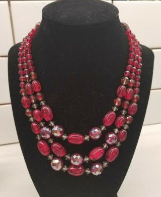 Vintage Estate Necklace Red Beads Glass Gorgeous Signed West Germany 3 Strand