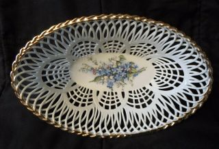 Vintage Porcelain Lace Basket Weave Bowl Hand Painted Bouquet Romania 6 3/4 "