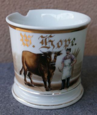 Antique C1900 Butcher Steer Hand Painted Occupational Shaving Mug Great Graphic