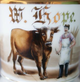 Antique c1900 Butcher Steer Hand Painted Occupational Shaving Mug Great Graphic 2