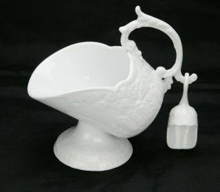 Vintage White Porcelain Sugar - Bowl With Special Porcelain Scoop.  Unique.  Ex.