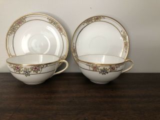 Vintage Hand Painted Nippon White And Gold Moriage Tea Cup & Saucer Set Of 2