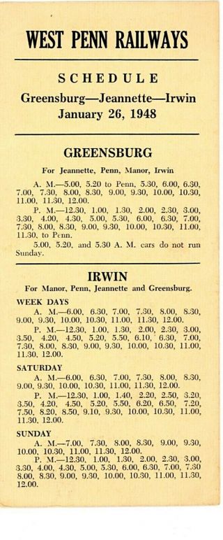 West Penn Rys (card) Interurban Passenger Time Table,  January 26,  1948 - Greensbur