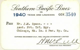 1940 Sp Southern Pacific Railroad Employee Pass - Rock Island Railroad
