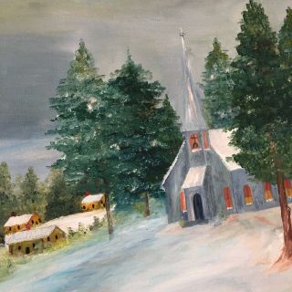 Vintage Oil Painting Winter Scene Snow Church Pine Trees 1964 Signed Framed Art