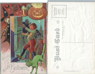 Antique Halloween Postcard - Witch W/ Broom Green Cat Jack - O - Lantern Series No.  4