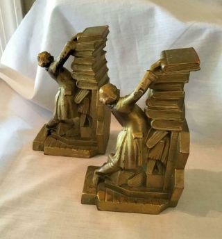 Fabulous Antique K & O Bookends Falling Stack Of Books W/ Man Early 1900s