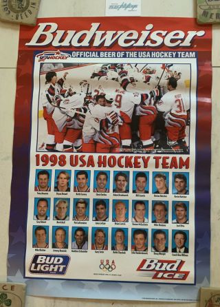 Vtg Usa Hockey Poster 1998 Olympic Hockey Team Budweiser Bud Light Beer 90’s Nhl