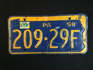 Vintage 1958 Pennsylvania State License Plate Tag