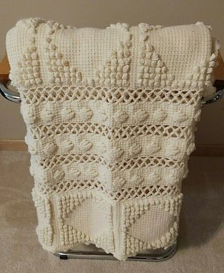 Afghan Crochet Handmade Blanket Throw Vintage Granny Square Cream White 69x47 "