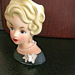 Vintage Ardco 6” Lady Headvase Head Vase Planter Blonde Pearl Necklace Earrings 2