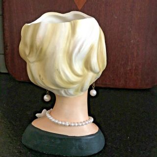 Vintage Ardco 6” Lady Headvase Head Vase Planter Blonde Pearl Necklace Earrings 3
