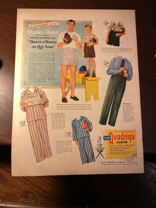 1948 Stan Musial St.  Louis Cardinals Quadriga Cloth Ad Life Paper Doll Cut - Out