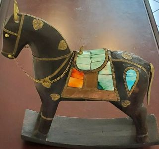 Stunning Vintage Rocking Horse Carved Wood.  Ossein Inlay Saddle.  Brass & Copper