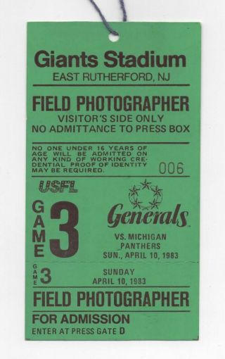 Media Credential: Usfl 1983 - Nj Generals Vs Michigan Panthers At Giants Stadium