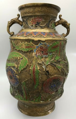 Antique Chinese Cloisonne 10 " Dragon Handle Hu Vase Champleve Flowers 1.  5 Kg