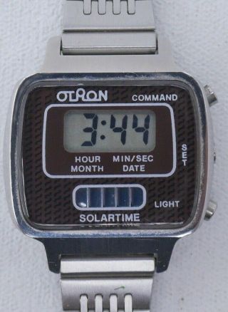 Vintage Otron Solar Time Lcd Digital Quartz Watch 1970s Silver Strap Brown Face