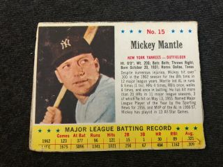 Vintage 1963 Jello Post Baseball Card 15 Mickey Mantle York Yankees Handcut