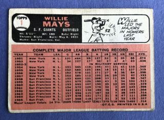 1966 Topps 1 Willie Mays San Francisco Giants - HOF - 54 year old vintage card 3