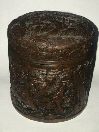 Vintage Carved Lacquer China Tea Caddy Snuff Box Container Oriental Scene 3 1/2 "