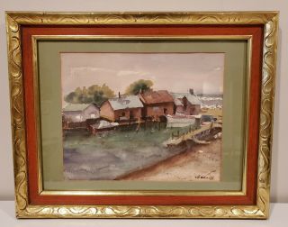 Watercolor Of Houses On Canal With Docks & Boats In A Vintage Frame