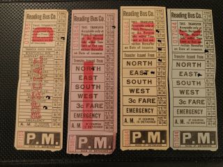 4 Vintage - Reading Bus Company - Transfer Tickets - Transit Pennsylvania Travel